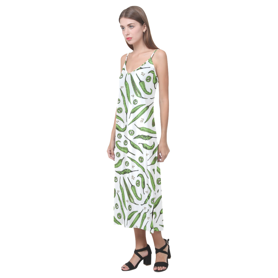 Hand drawn sketch style green Chili peppers patter V-Neck Open Fork Long Dress