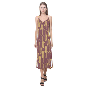 Hand drawn gold saxophone red background V-Neck Open Fork Long Dress