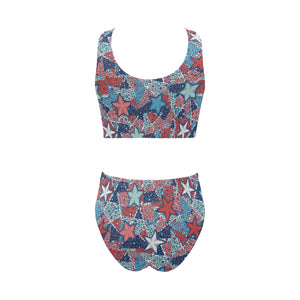 Hand drawn colorful starfish Chest Bowknot High Waisted Bikini Swimsuit
