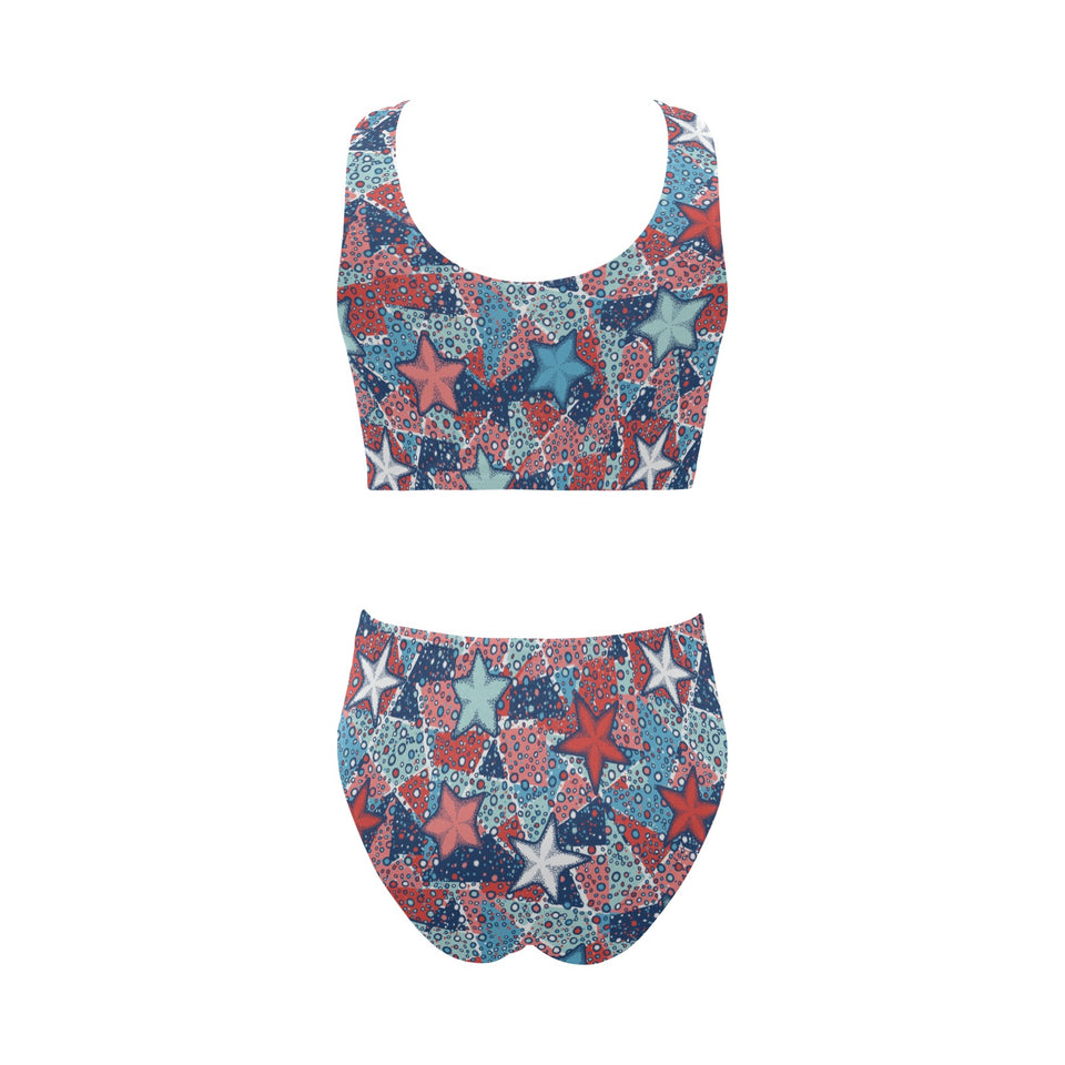 Hand drawn colorful starfish Chest Bowknot High Waisted Bikini Swimsuit