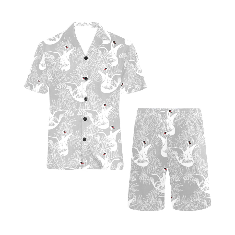 white swan gray background Men's V-Neck Short Pajama Set