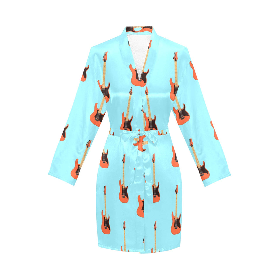 electric guitar pattern light blue background Women's Long Sleeve Belted Night Robe