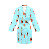 electric guitar pattern light blue background Women's Long Sleeve Belted Night Robe