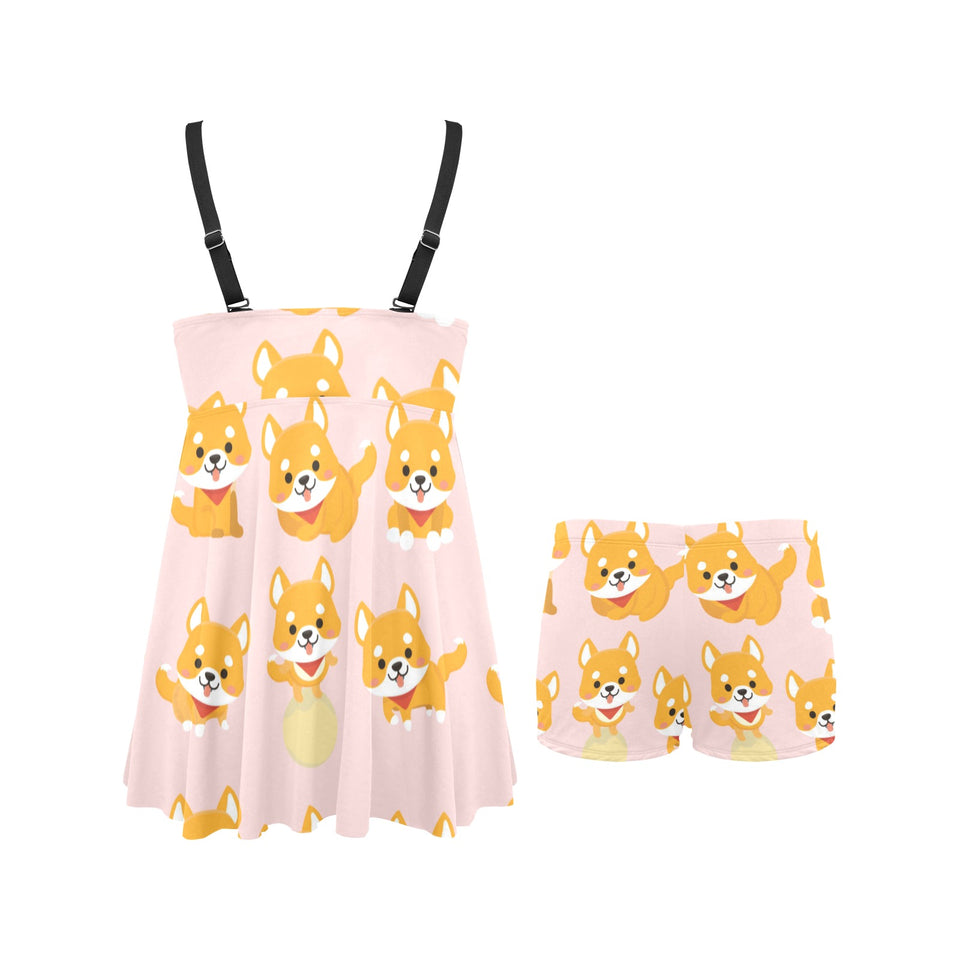 Cute shiba inu dog pattern Chest Sexy Pleated Two Piece Swim Dress