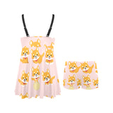 Cute shiba inu dog pattern Chest Sexy Pleated Two Piece Swim Dress