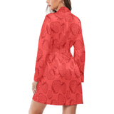 strawberry pattern red background Women's Long Sleeve Belted Night Robe