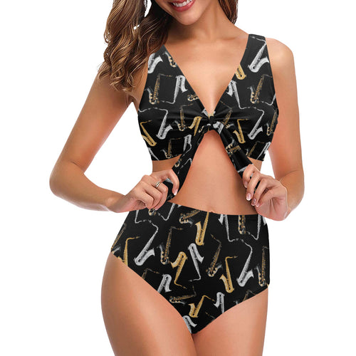 saxophone design pattern Chest Bowknot High Waisted Bikini Swimsuit
