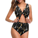 saxophone design pattern Chest Bowknot High Waisted Bikini Swimsuit
