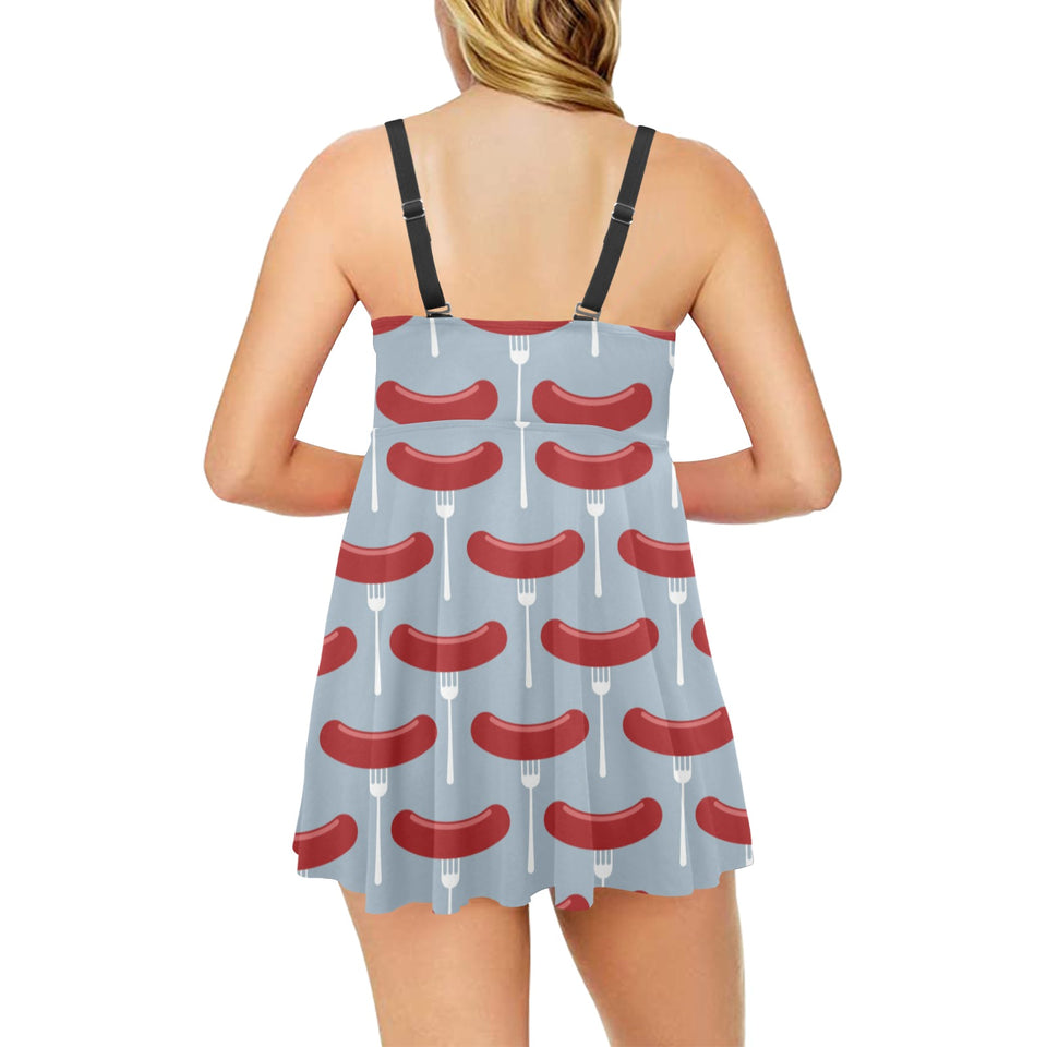 Sausage Pattern Print Design 02 Chest Sexy Pleated Two Piece Swim Dress