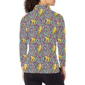 Cute yellow monkey leaves pattern Women's Long Sleeve Polo Shirt