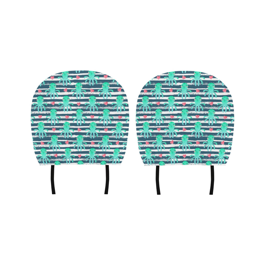 Cute octopuses heart striped background Car Headrest Cover