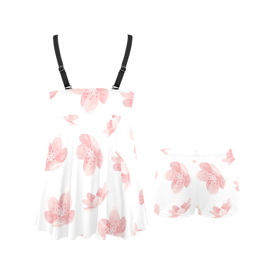 Pink sakura cherry blossom pattern Chest Sexy Pleated Two Piece Swim Dress