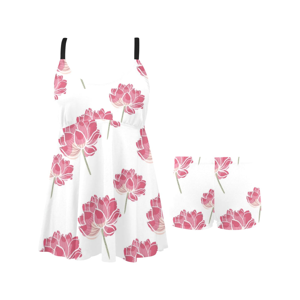 Pink lotus waterlily pattern Chest Sexy Pleated Two Piece Swim Dress