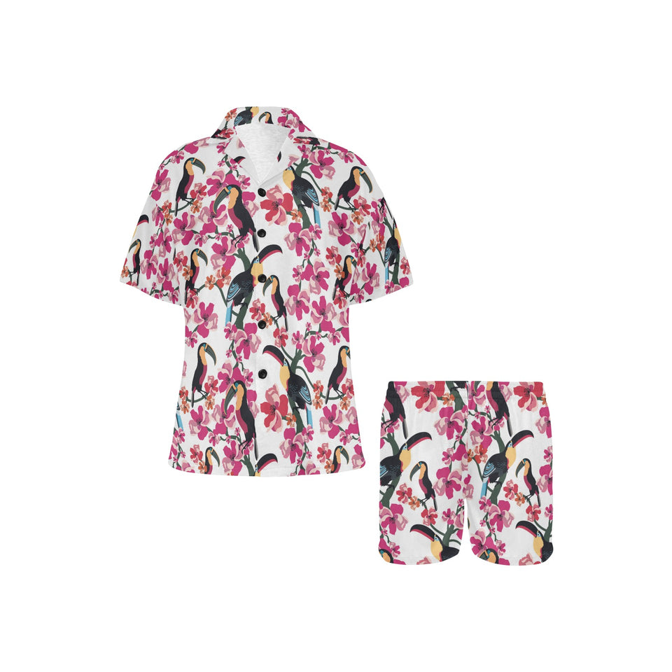 Toucan flower design pattern Women's V-Neck Short Pajama Set