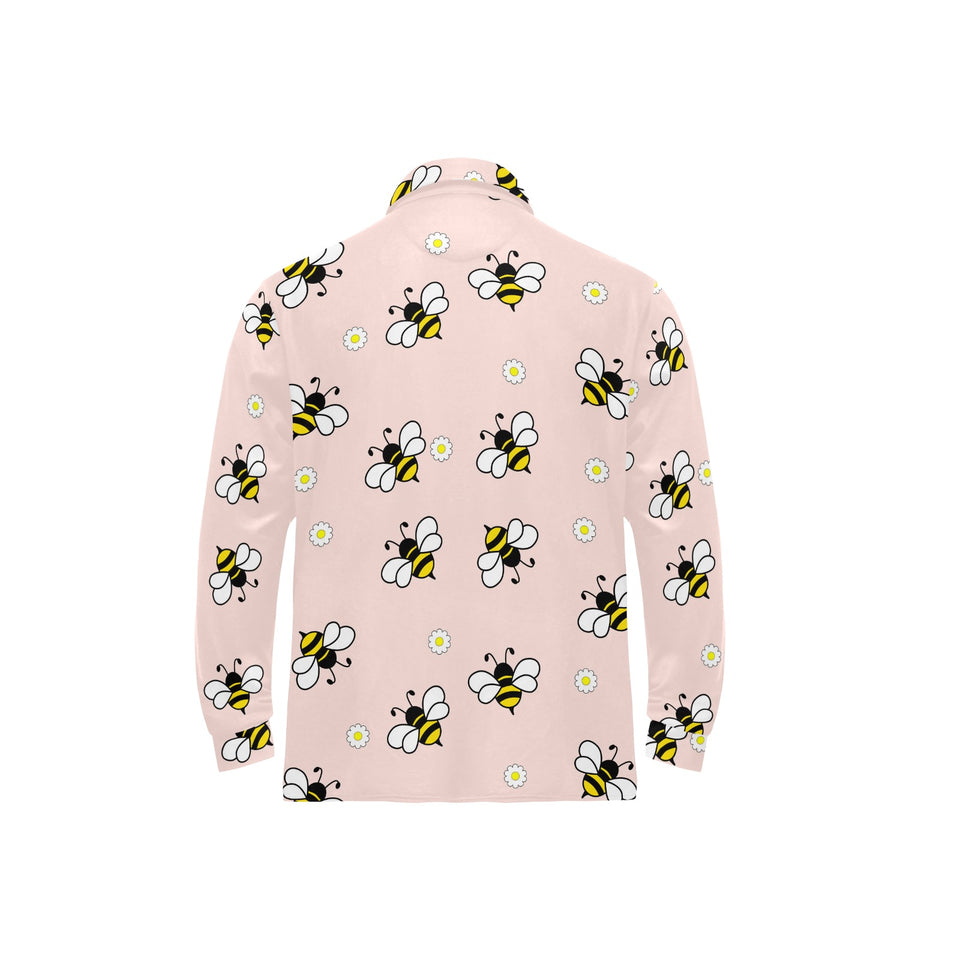 Cute bee flower pattern pink background Men's Long Sleeve Polo Shirt