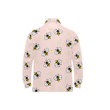 Cute bee flower pattern pink background Men's Long Sleeve Polo Shirt