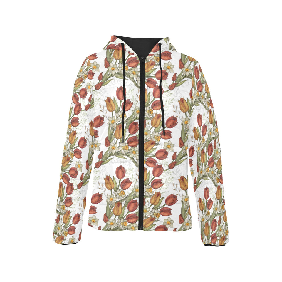 Red tulips and daffodils pattern Women's Padded Hooded Jacket