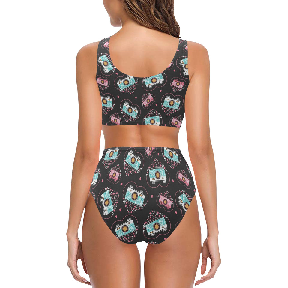 Camera Pattern Print Design 04 Chest Bowknot High Waisted Bikini Swimsuit