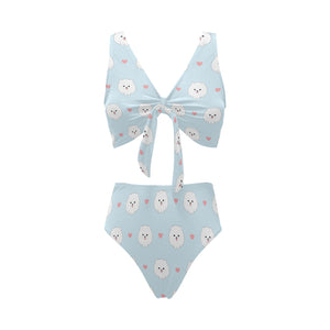 White cute pomeranian pattern Chest Bowknot High Waisted Bikini Swimsuit