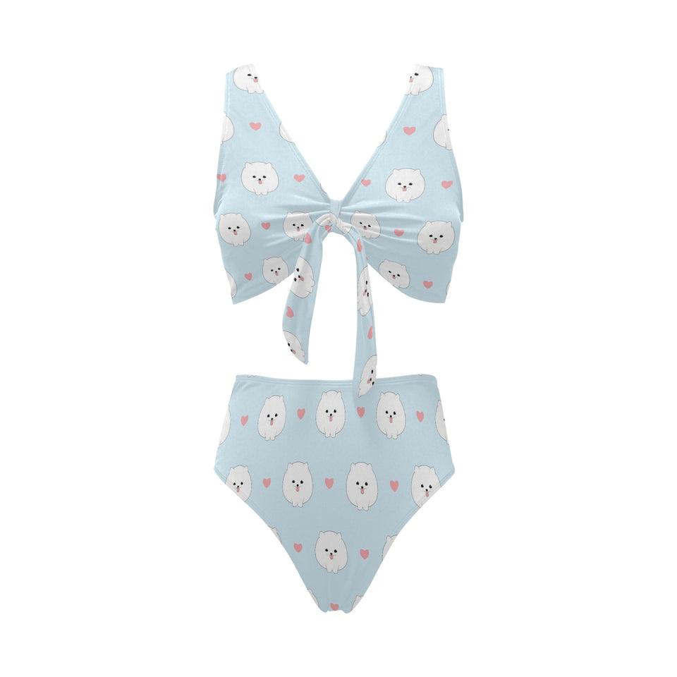 White cute pomeranian pattern Chest Bowknot High Waisted Bikini Swimsuit