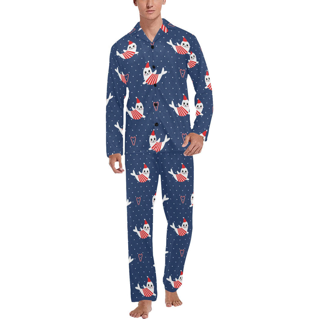 Cute sea lion seal christmas hat candy cane heart Men's Long Pajama Set