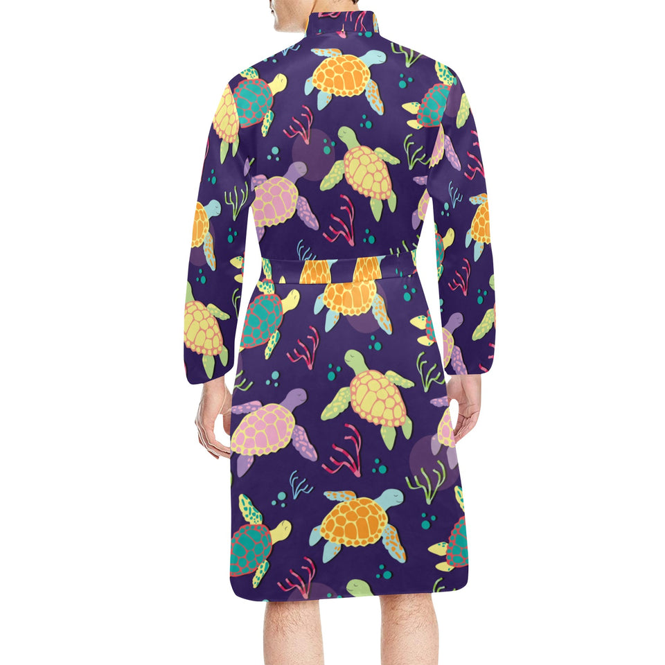 Colorful sea turtle pattern Men's Long Sleeve Belted Night Robe