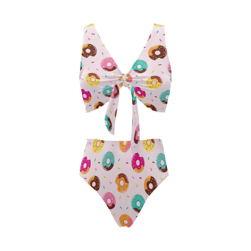 Donut pattern glaze pink background Chest Bowknot High Waisted Bikini Swimsuit