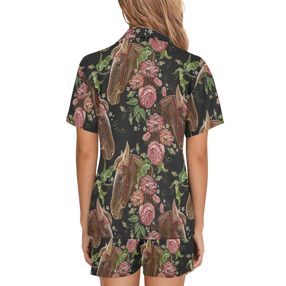 Horse head wild roses pattern Women's V-Neck Short Pajama Set