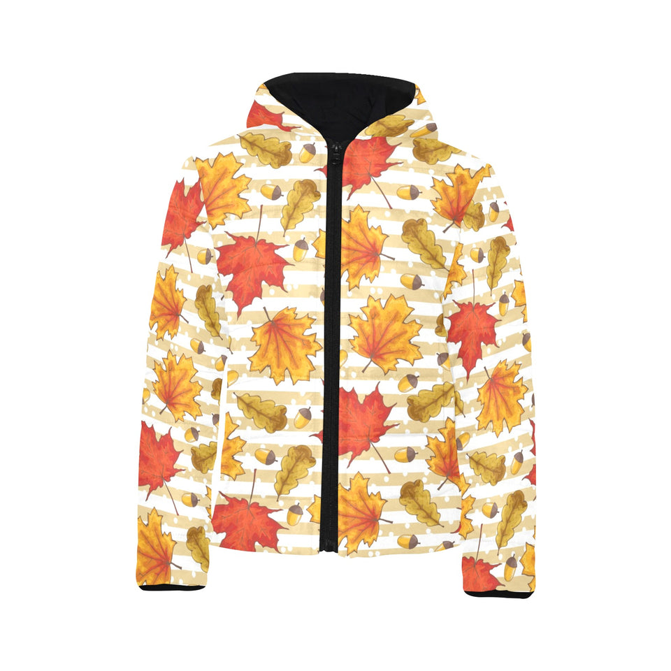 Maple leaf oak leaf acorns beige striped backgroun Kids' Boys' Girls' Padded Hooded Jacket