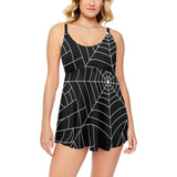 Spider web pattern Black background white cobweb Chest Sexy Pleated Two Piece Swim Dress