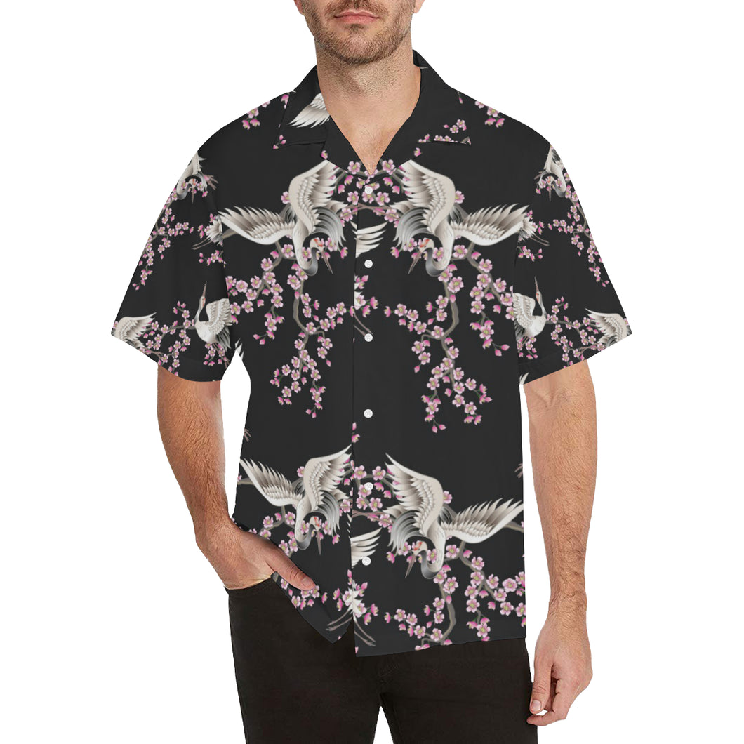 Japanese crane pink sakura pattern Men's All Over Print Hawaiian Shirt