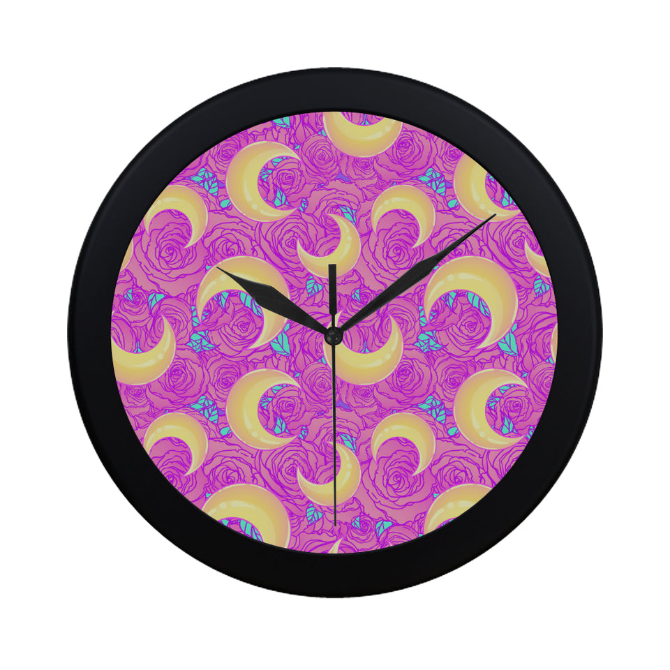 Moon pink rose background Elegant Black Wall Clock