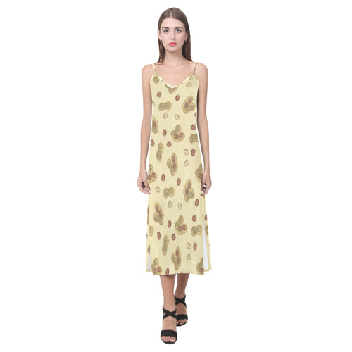 peanuts design pattern V-Neck Open Fork Long Dress
