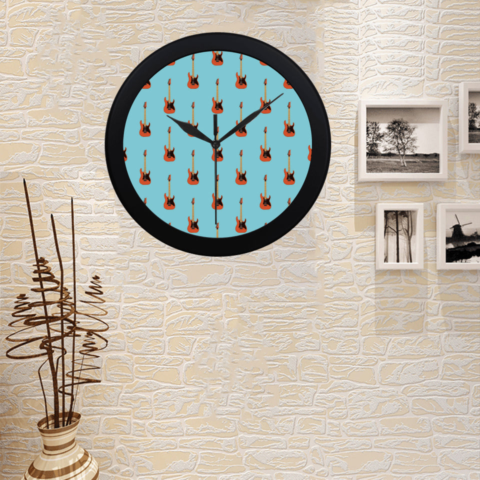 electric guitar pattern light blue background Elegant Black Wall Clock