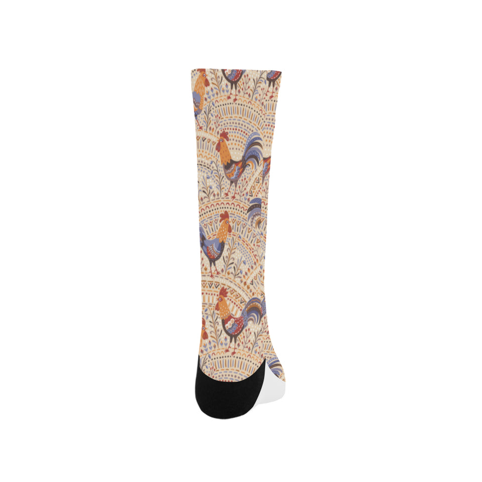 Cute rooster chicken cock floral ornament backgrou Crew Socks