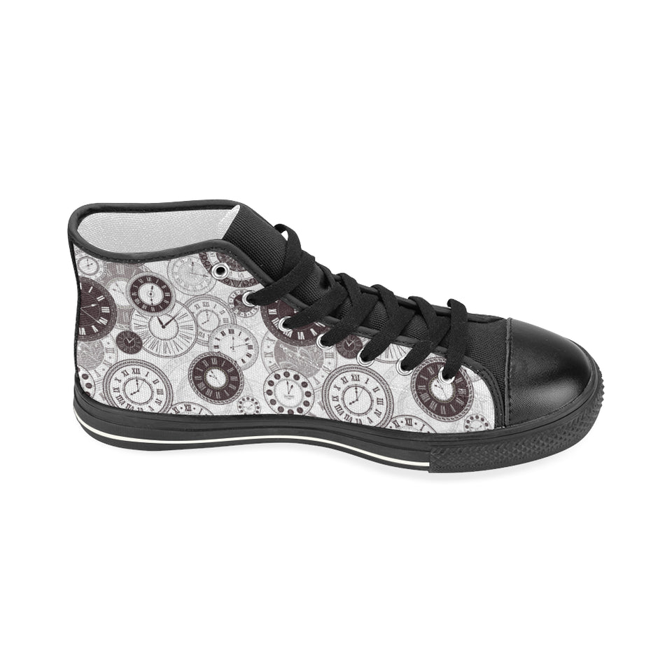 Classic vintage clock pattern Women's High Top Canvas Shoes Black