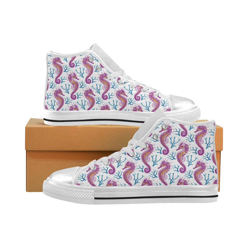 Purple seahorse blue coral pattern Women's High Top Canvas Shoes White