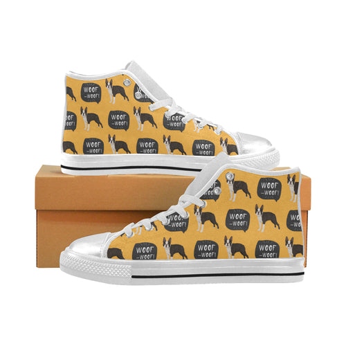 Boston terrier design pattern Women's High Top Canvas Shoes White