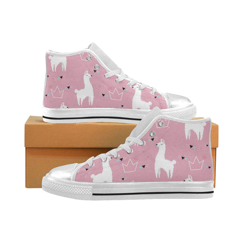 Llama Alpaca pink background Women's High Top Canvas Shoes White