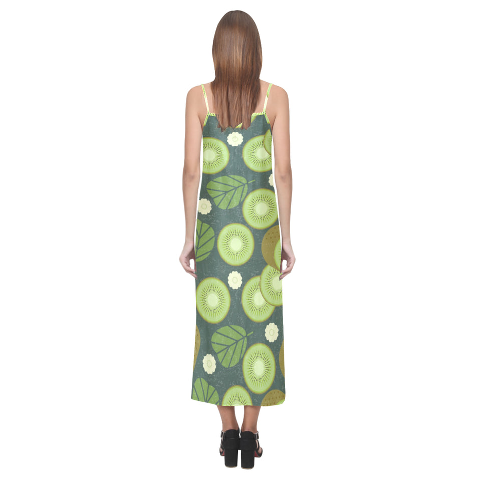 Whole sliced kiwi leave and flower V-Neck Open Fork Long Dress