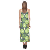 Whole sliced kiwi leave and flower V-Neck Open Fork Long Dress
