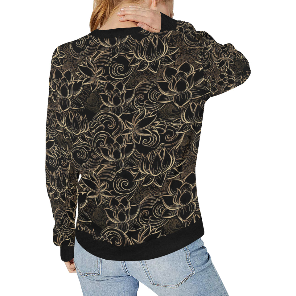 luxurious gold lotus waterlily black background Women's Crew Neck Sweatshirt