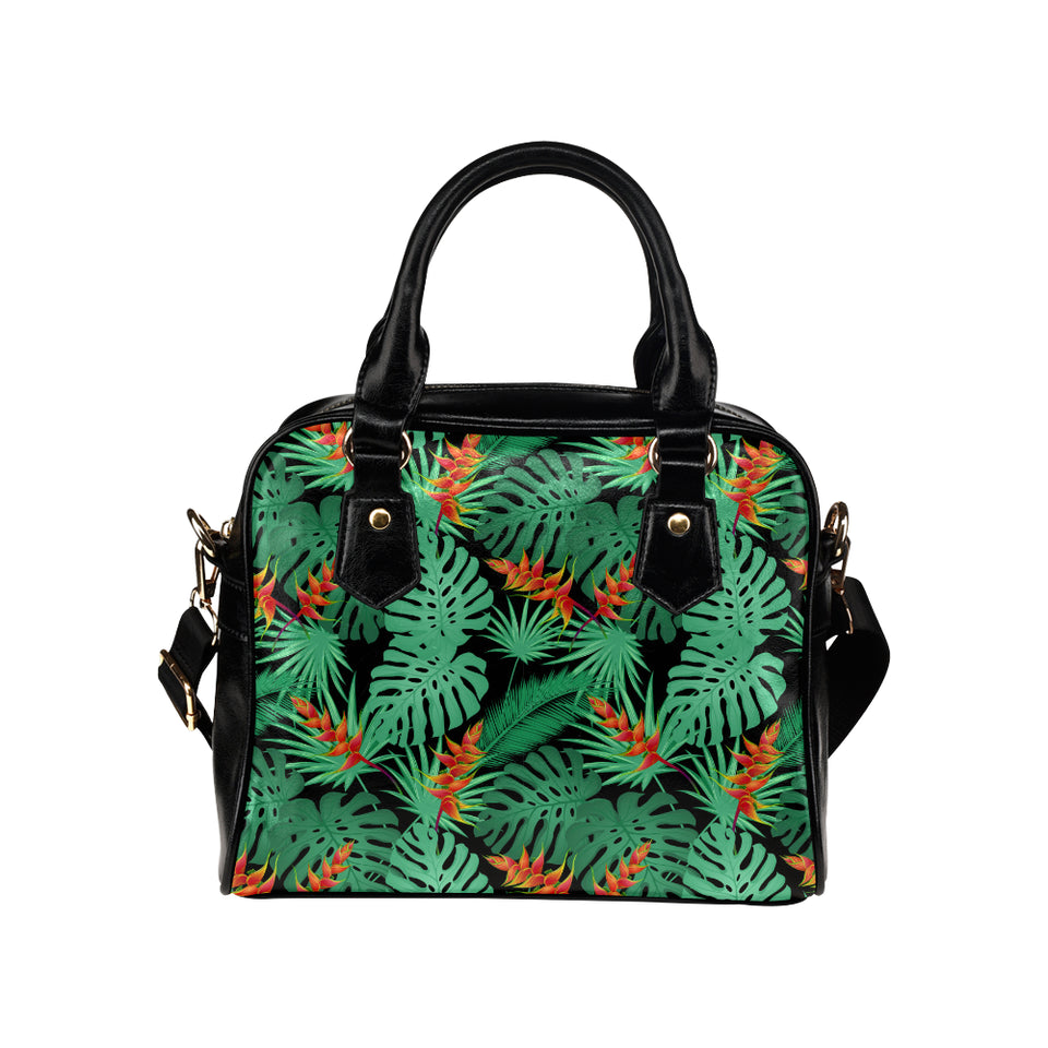 heliconia flower palm monstera leaves black backgr Shoulder Handbag