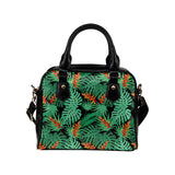 heliconia flower palm monstera leaves black backgr Shoulder Handbag
