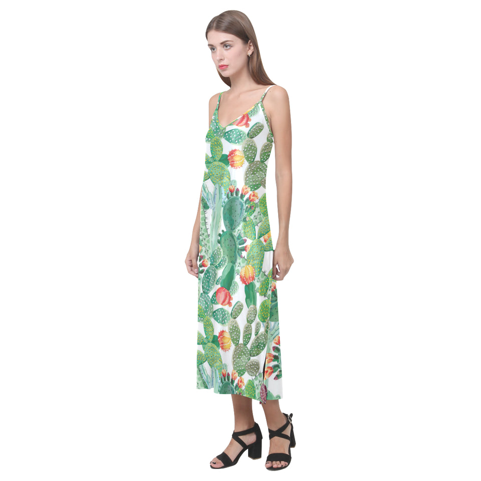Cactus design pattern copy V-Neck Open Fork Long Dress