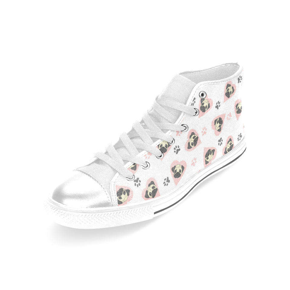 Cute pugs pink heart paw pattern Women's High Top Canvas Shoes White