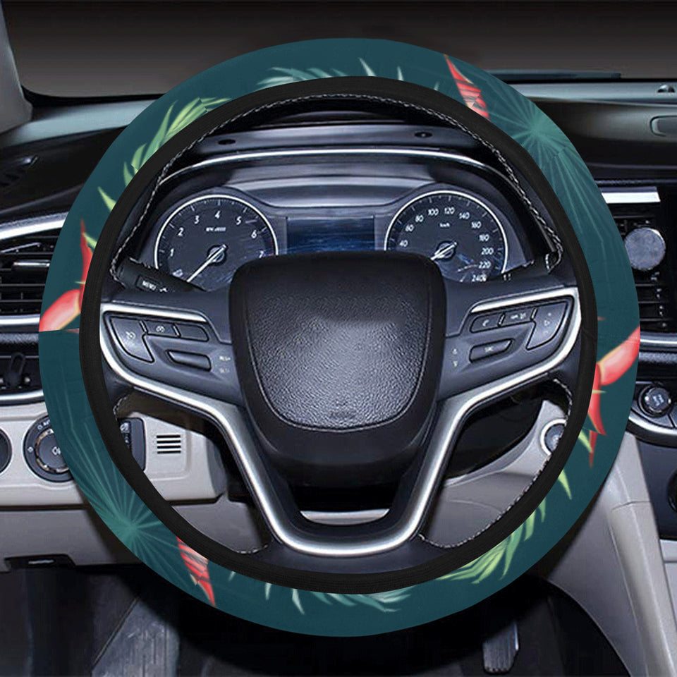 heliconia flowers, palm and monstera leaves on bla Car Steering Wheel Cover
