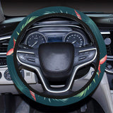 heliconia flowers, palm and monstera leaves on bla Car Steering Wheel Cover