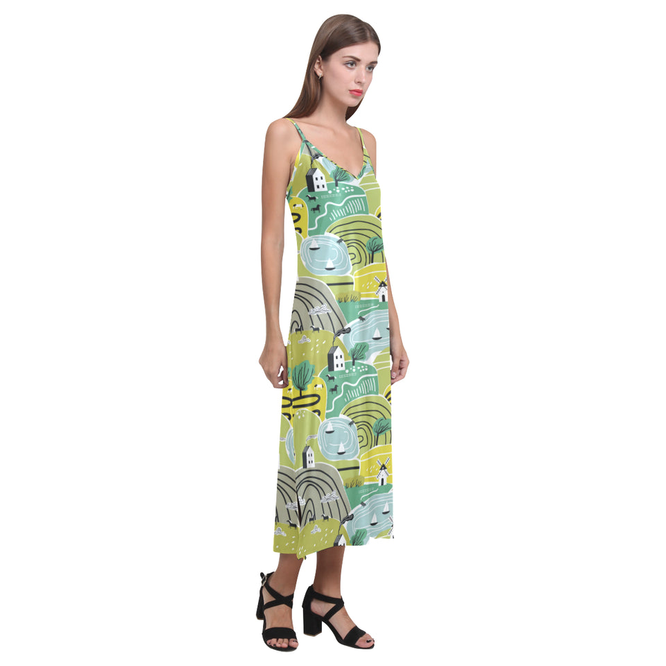 Hand drawn windmill pattern V-Neck Open Fork Long Dress