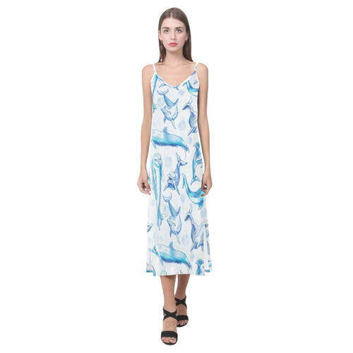 Watercolor dolphin pattern V-Neck Open Fork Long Dress